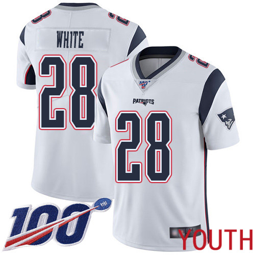 New England Patriots Football 28 Vapor Untouchable 100th Season Limited White Youth James White Road NFL Jersey